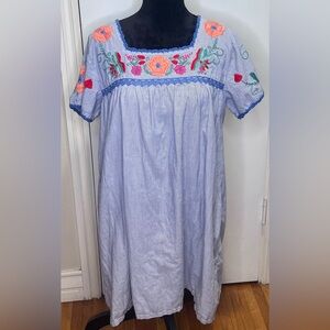 Roller Rabbit Blue & White Stripe Floral Embroidered Crochet Shift Dress Sz L/XL